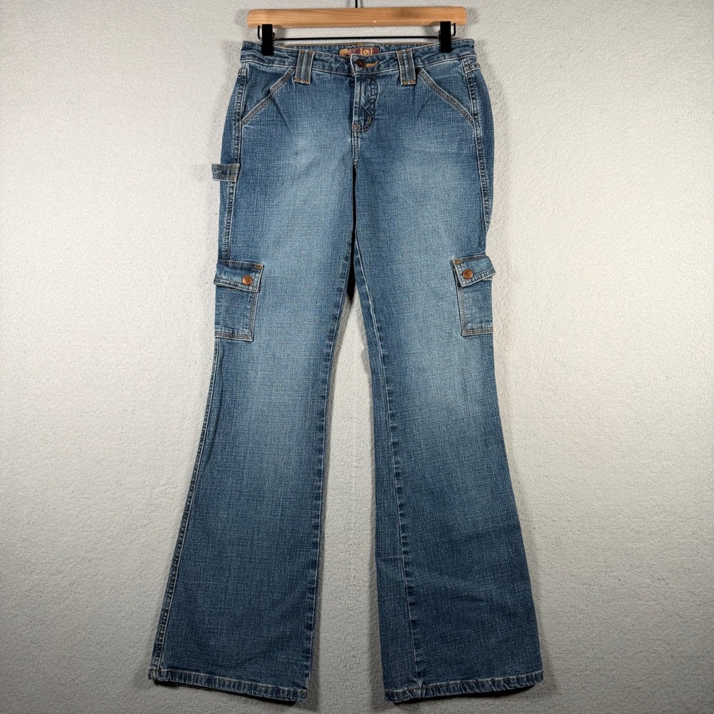 LEI Energy Intelligence Womens Cargo Flare Jeans Medium Wash Low Rise Size 9